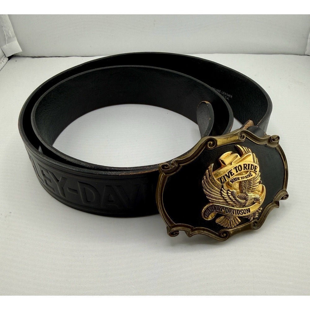 Harley Davidson Vintage Leather Belt 1978 Live to Ride Rain Tree Buckle Size 38